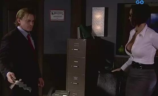 Busty Brunette Rides on Desk for Wild Anal Threesome